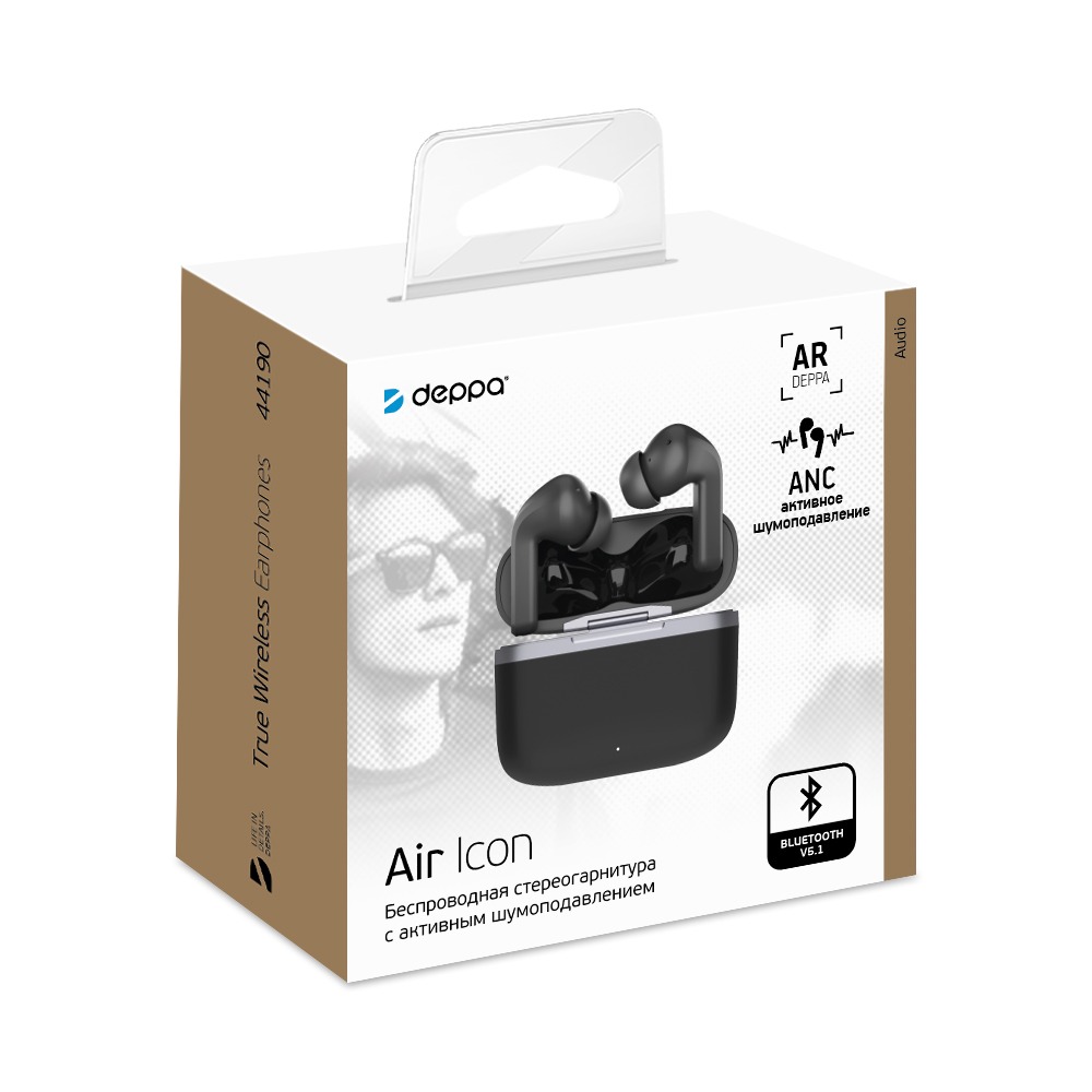 фото Беспроводные наушники с микрофоном air icon, tws, bt 5.1, 350 мач, anc, черный, deppa