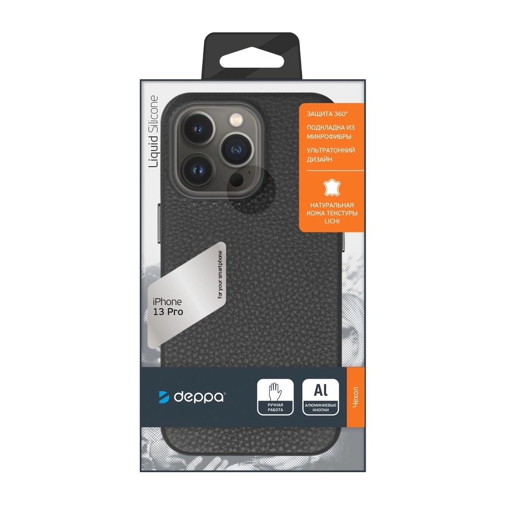 фото Чехол leather case для apple iphone 13 pro max, черный, картон, deppa