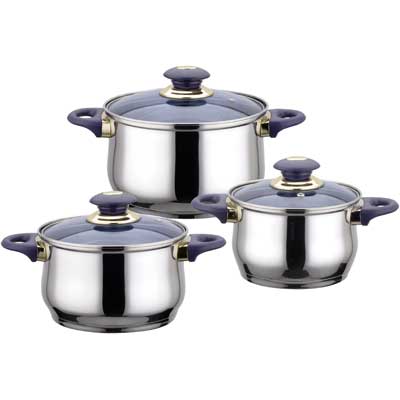 Кастрюля 6 пр. Jumbo Bekker BK-964 Кастрюля 6 пр. Jumbo Bekker BK-964Кастрюли<br>Набор кастрюль из нержавеющей стали со стеклянными крышками. В набор входят кастрюли 1,8 литра (диаметр 16 см), 2,1 литра (диаметр 18 см), 3 литра (диаметр 20 см). У кастрюль пластмассовые синие ручки. Капсулированное дно. Толщина стенки 0,5 мм, зеркальная поверхность. Крышки стеклянные синие.<br>
