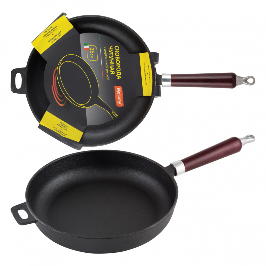фото Сковорода mallony диам. 26 см, чугунная с деревянной ручкой