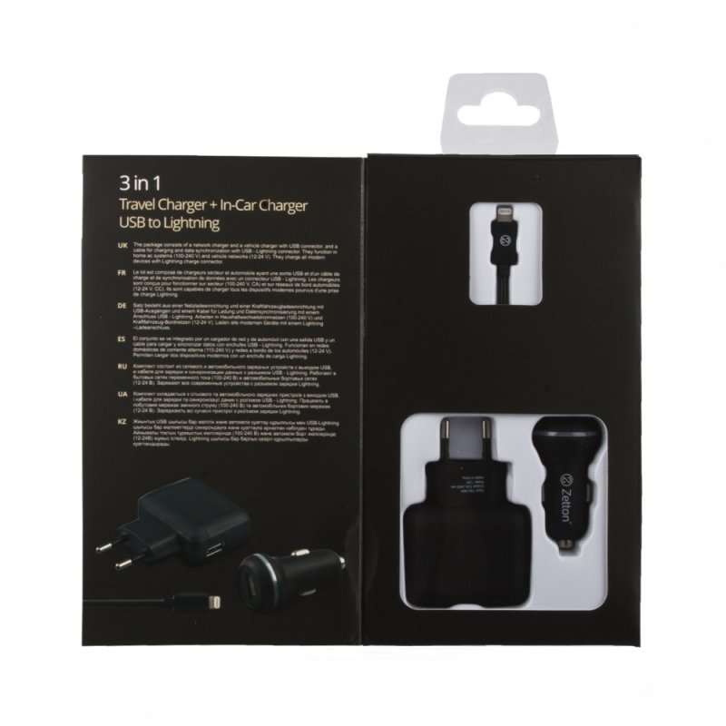 Комплект 3 в 1 АЗУ с вых. USB 2,1А + СЗУ с USB 2,4А + кабель Lightning 8-pin Zetton (ZT3IN12A1UA8)
Комплект 3 в 1 АЗУ с вых. USB 2,1А + СЗУ с USB 2,4А + кабель Lightning 8-pin Zetton (ZT3IN12A1UA8)