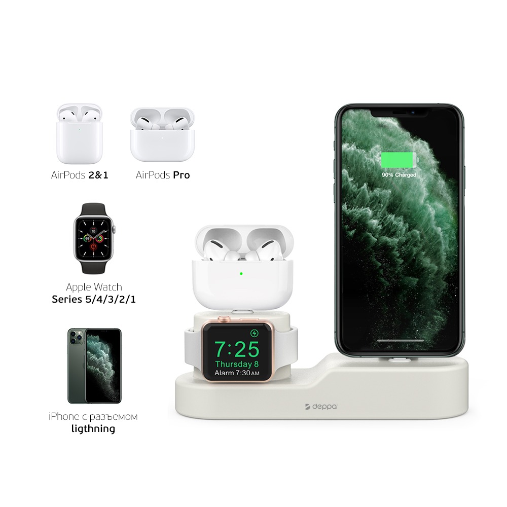 фото Подставка для зарядки 3-в-1 (iphone, airpods 1/2/pro, apple watch 1/2/3/4/5),силикон,кремовый, deppa
