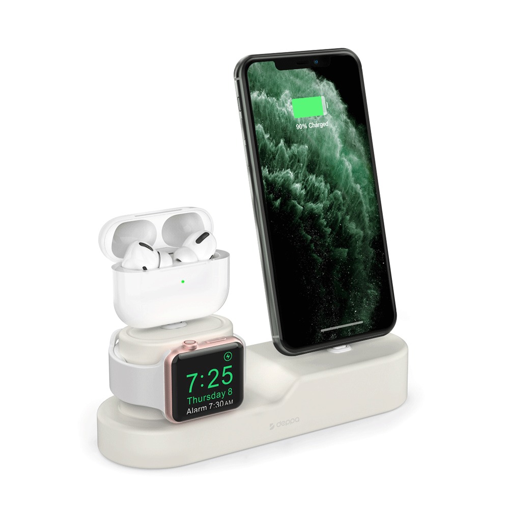 фото Подставка для зарядки 3-в-1 (iphone, airpods 1/2/pro, apple watch 1/2/3/4/5),силикон,кремовый, deppa