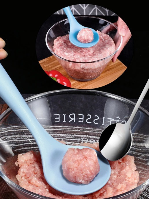 фото Ложка для приготовления фрикаделек, мясных шариков, митболов, синяя