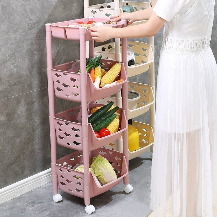 Пластиковая этажерка на колёсиках для хранения овощей, 3 корзины, розовый