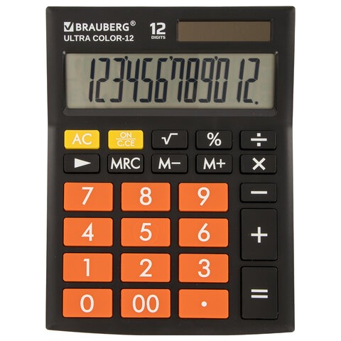 Купить Калькулятор настольный BRAUBERG ULTRA COLOR-12- BKRG (192x143 мм), 12 разрядов, двойное питание, черно- оранжевый, 250499