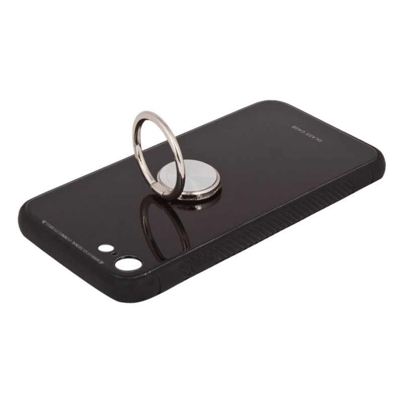 Защитная крышка «LP» для iPhone SE 2/8/7 «Glass Case» с кольцом (черное стекло/коробка)