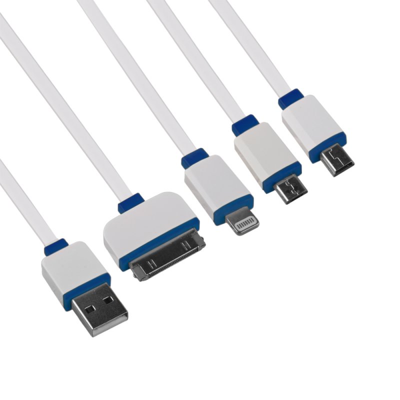 

USB кабель «LP» 4 в 1 для подзарядки Apple Lightning/30 pin/MicroUSB/MiniUSB плоский (белый/синий)