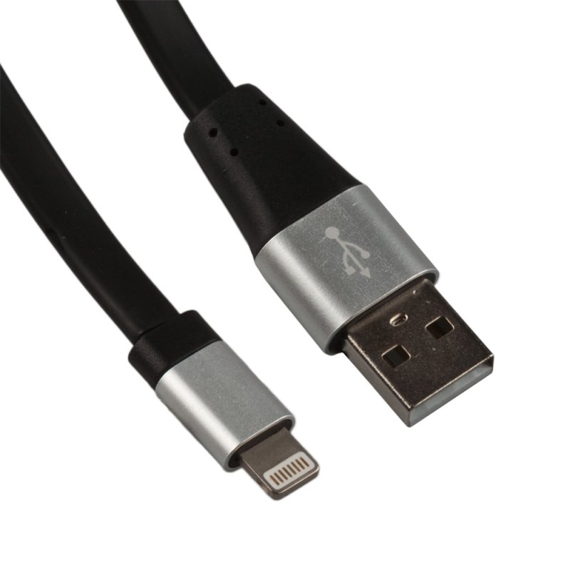 

USB кабель «LP» для Apple 8 pin плоский, металлические разъемы, 1 м (черный/коробка)
