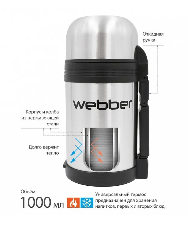 фото Классический термос webber sst-1000p, 1 л, серебристый