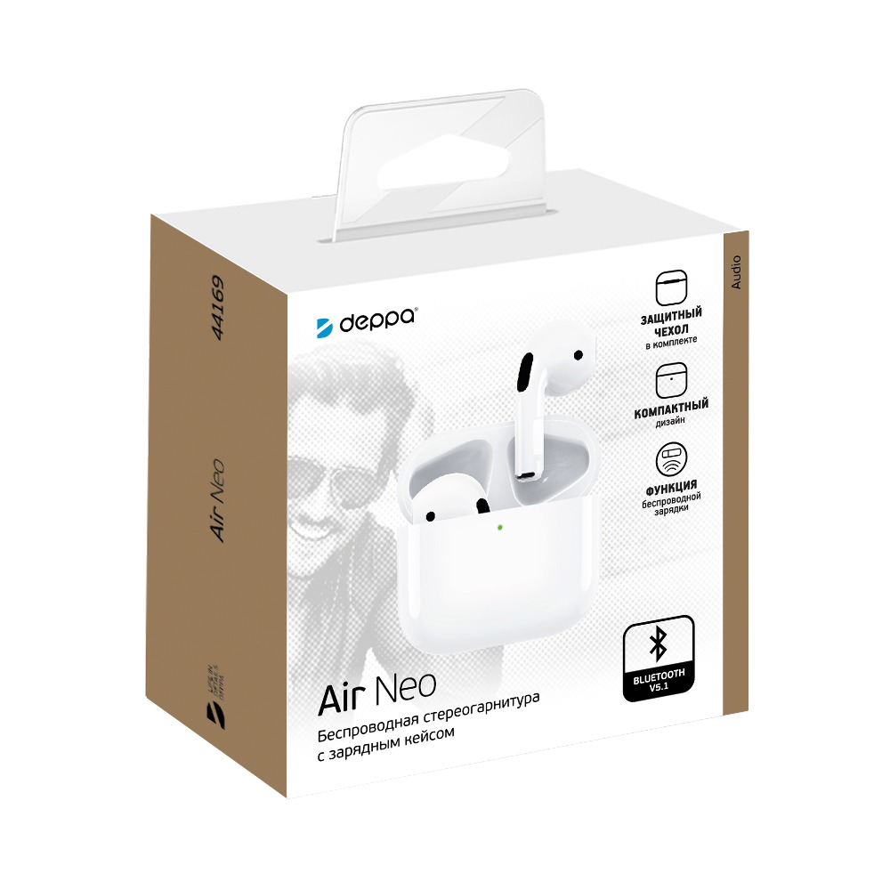 фото Беспроводные наушники с микрофоном air neo, tws, bt 5.1, 300 мач, qi, ipx4, белый, deppa