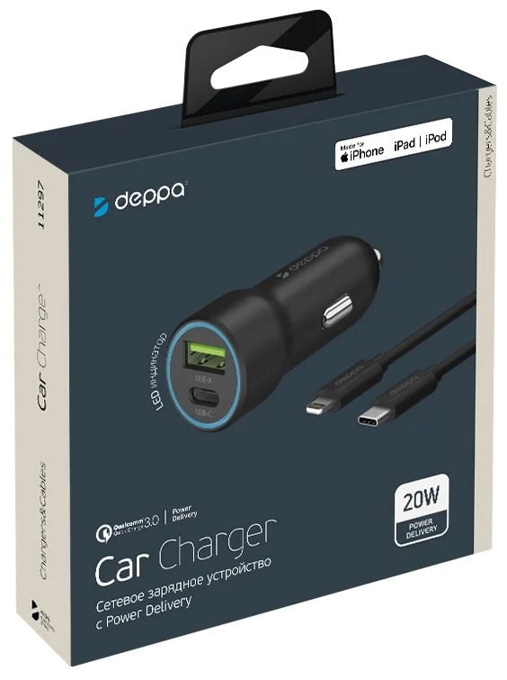  USB-C + USB A, PD 3.0, QC 3.0, 20W, - USB-C - Lightning (MFI), 1.2, , Deppa