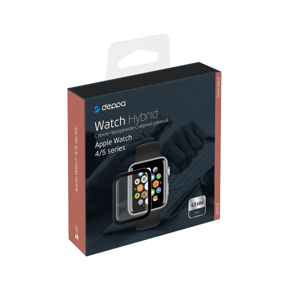 Защитное органическое стекло Watch Protection PMMA для AppleWatch 4/5/6/SE,40мм,черная рамка,Deppa