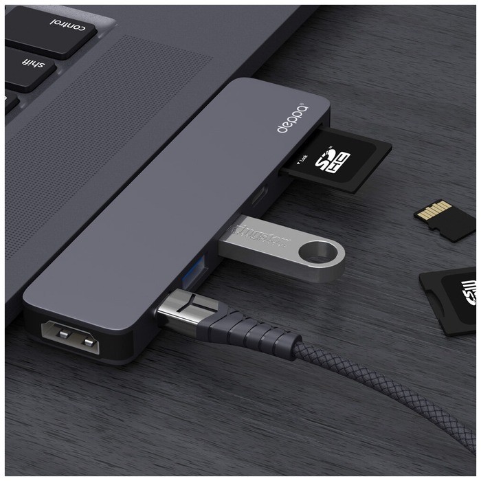 Переходник Deppa Thunderbolt C 7в1 (73121) Type-C to USB3.0x2/ HDMI/ Thunder3/ Type-C/ SD/ MicroSD для MacBook Графитовый от MELEON