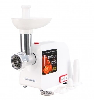 

Мясорубка электрическая WILLMARK WMG-2043JW (2000Вт, томат. соковыжималка, реверс, 2 реш., бел. 2г.
