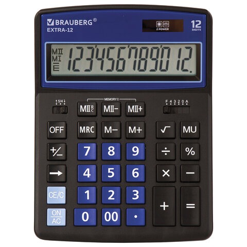 Купить Калькулятор настольный BRAUBERG EXTRA-12- BKBU (206x155 мм), 12 разрядов, двойное питание, черно- синий, 250472