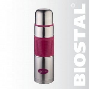 фото Термос biostal nb-750p-r 0.75 л, узкое горло,с крышкой-чашкой, цветная резиновая вставка, розовый