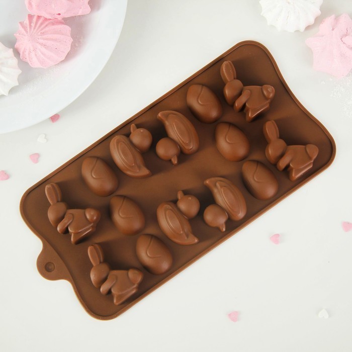 Форма для льда и шоколада Доляна - Зайцы, утки и яйца, 14 ячеек, цвет шоколадный