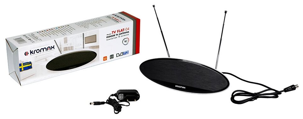Антенна комнатная KROMAX TV FLAT-04 активная, диапазон DVB-T2, VHF: 87,5-230 МГц от MELEON