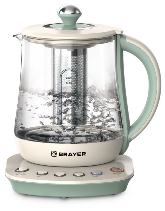 

Электрический чайник BRAYER BR1015 2200 Вт, 1,5 л, подставка, подогрев 40-100 °С, заваривание чая, стекло