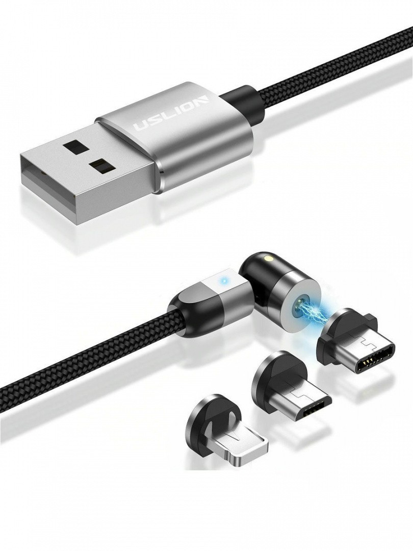 

Магнитный USB-кабель 540 гр. с набором разъемов (Type C, Micro USB, iPhone) Uslion, серебро