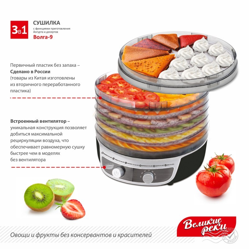 фото Сушилка для овощей и фруктов великие реки волга-9 черно-белая