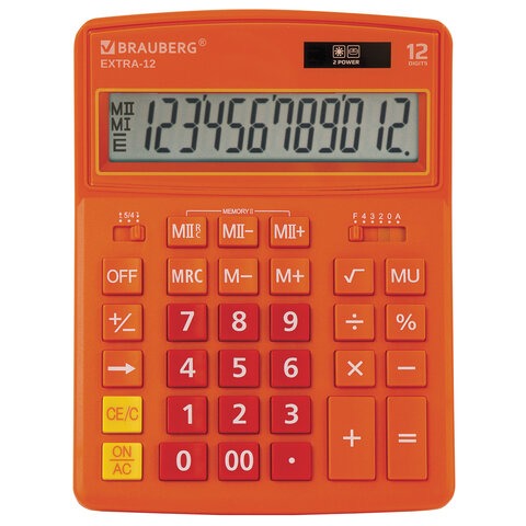 Купить Калькулятор настольный BRAUBERG EXTRA-12- RG (206x155 мм), 12 разрядов, двойное питание, оранжевый, 250485