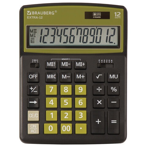 Купить Калькулятор настольный BRAUBERG EXTRA-12- BKOL (206x155 мм), 12 разрядов, двойное питание, черно- оливковый, 250471