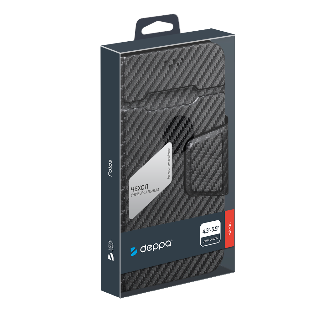 фото Чехол-подставка для смартфонов wallet fold m 4.3''- 6'', черный карбон, deppa