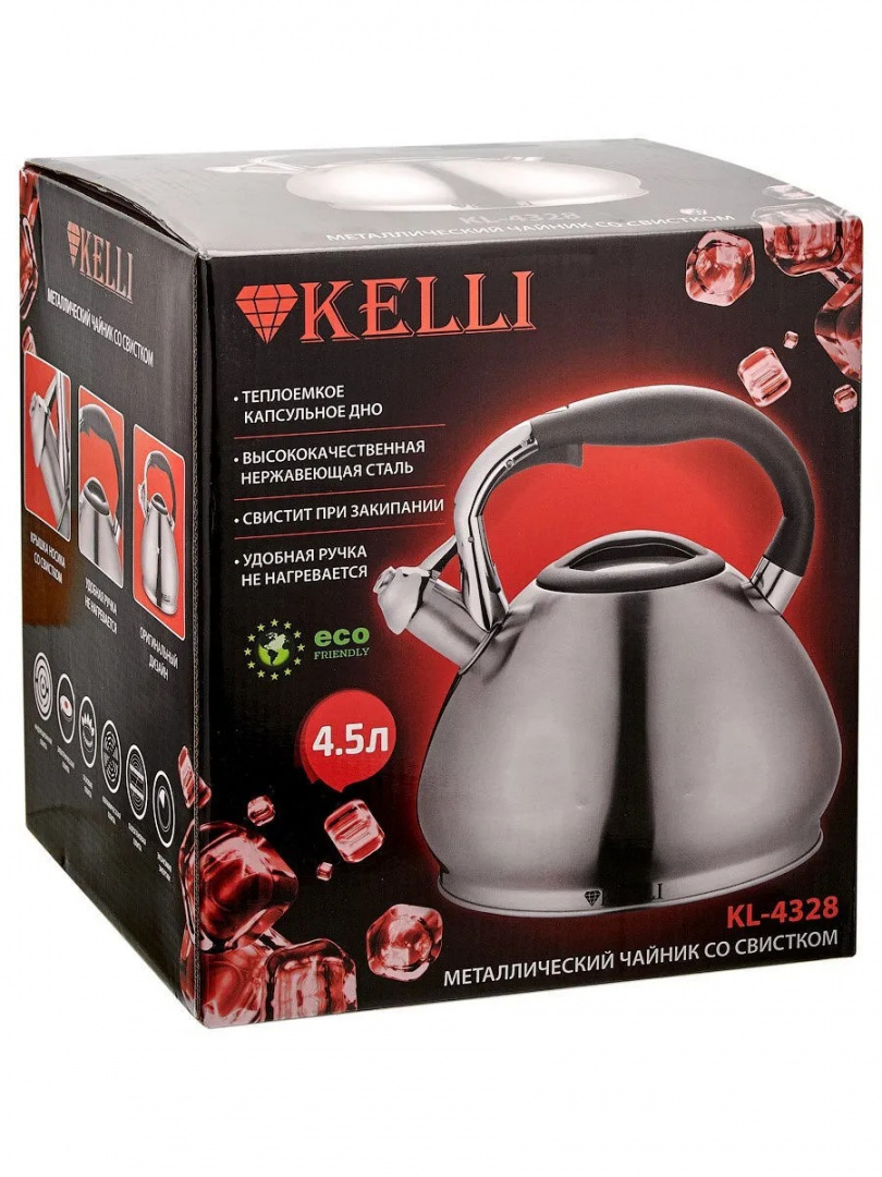 фото Kelli чайник со свистком kl-4328 4.5 л, серебристый/черный