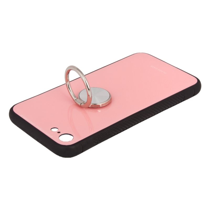 Защитная крышка «LP» для iPhone SE 2/8/7 «Glass Case» с кольцом (розовое стекло/коробка)