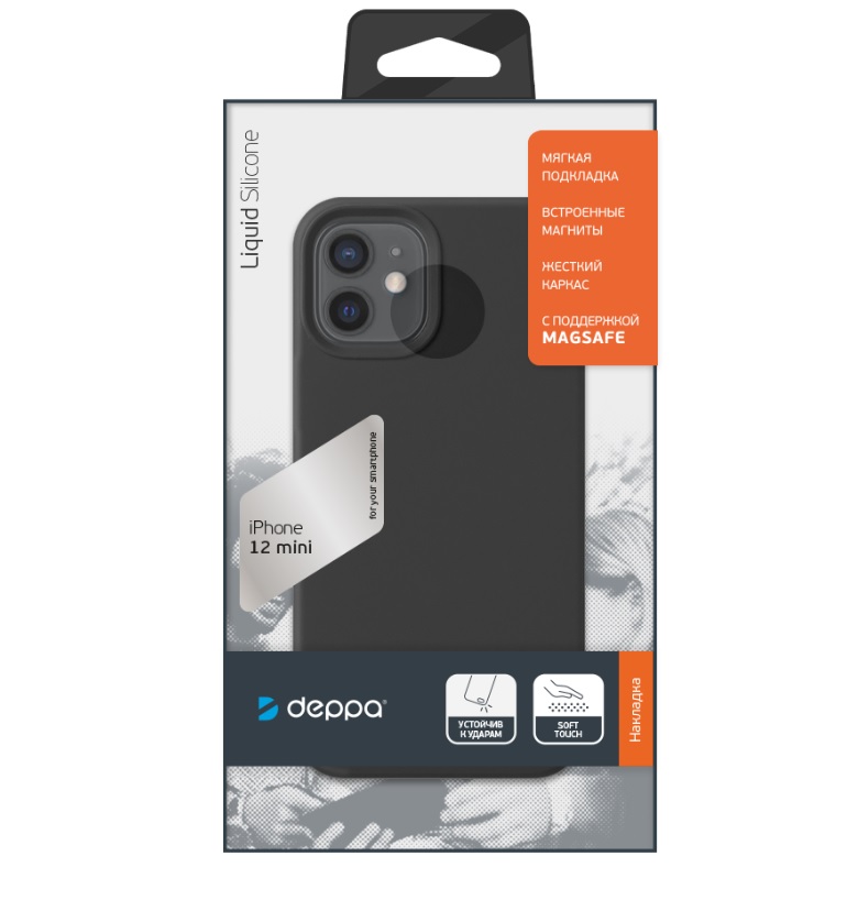 фото Накладка liquid silicone pro с поддержкой magsafe для apple iphone 12 mini, черный, картон, deppa