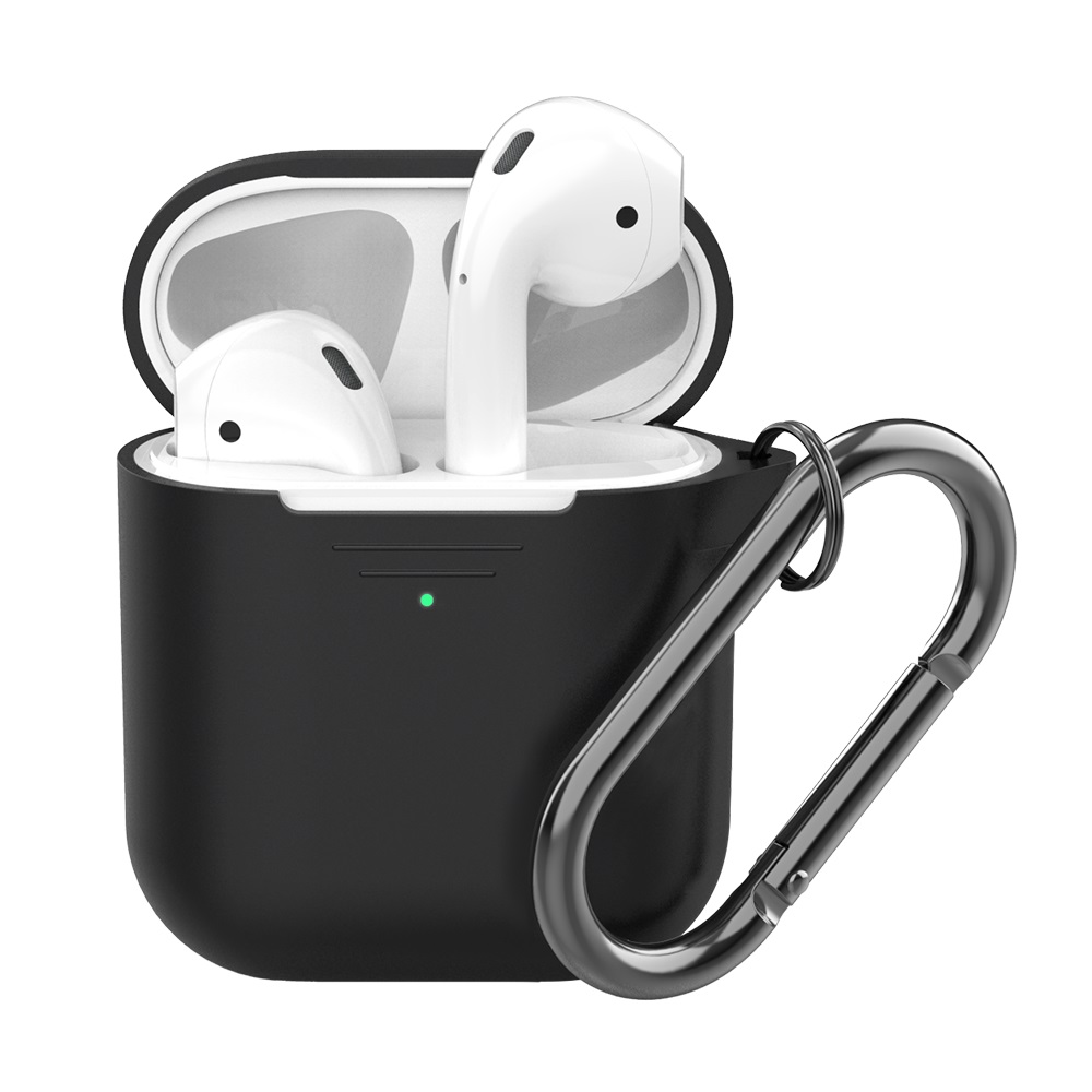 фото Силиконовый чехол для airpods, карабин, ремешок, черный, deppa