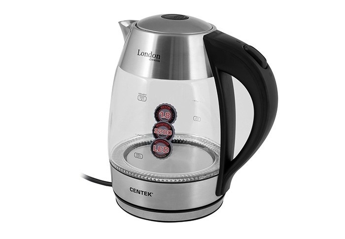 

Чайник электрический Centek CT-0059 London, стекло, 1.8л, 2200Вт, LED-подсветка, отделка нерж.