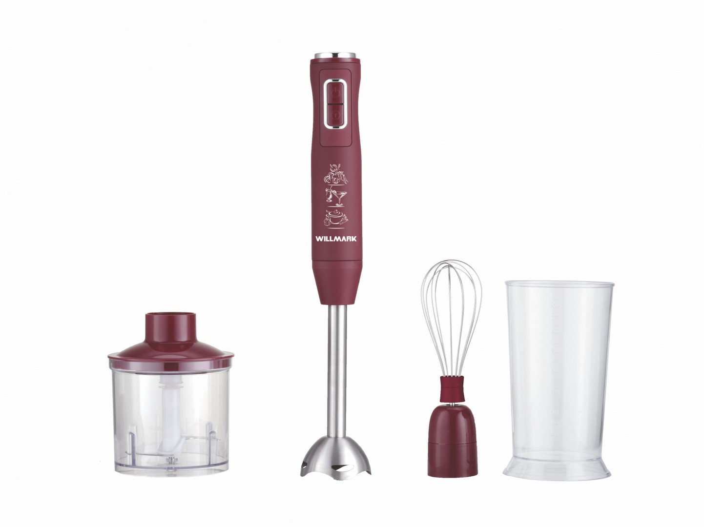 

Блендерный набор WILLMARK WHB-1450PS (500Вт,турбо режим,Soft t, венчик, колка льда, измельч,бордов)