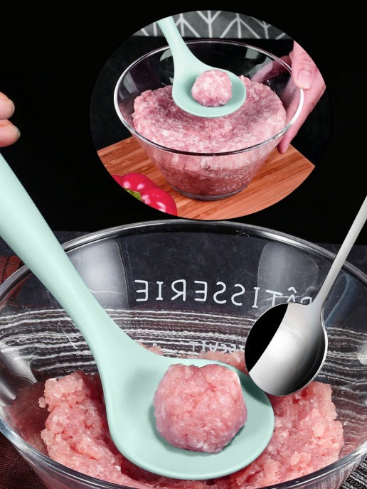 фото Ложка для приготовления фрикаделек, мясных шариков, митболов, зеленая