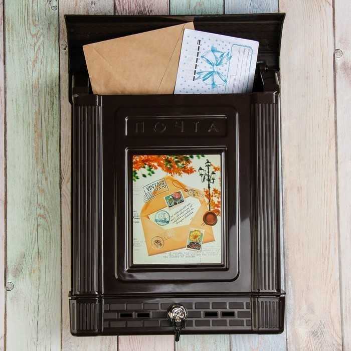 фото Ящик почтовый, пластиковый, - декор, с замком, коричневый