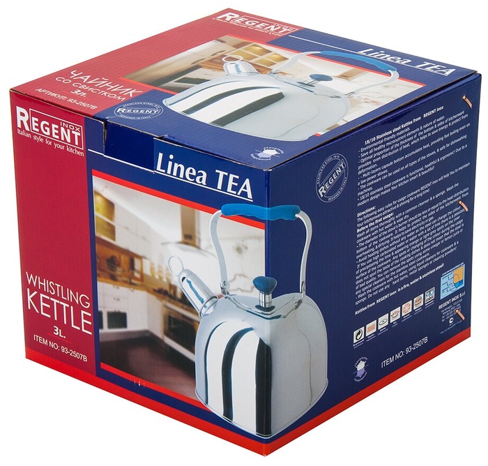 фото Regent inox чайник со свистком tea 3 л, серебристый/синий