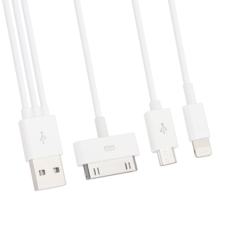 

USB кабель «LP» 4 в 1 для Apple 30 pin/Apple Lightning/Micro USB/Samsung Tab (белый/длина 15 см)