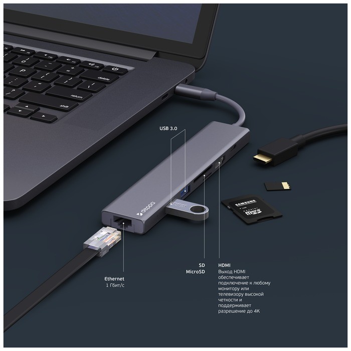USB-концентратор Deppa USB Type-C 7 в 1 (73127), разъемов: 3, графит от MELEON