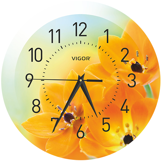 Часы настенные Vigor Д-29 Оранжевое настроение, диаметр часов 290 мм, минеральное стекло, печать на стекле и пластике, кварцевый механизм