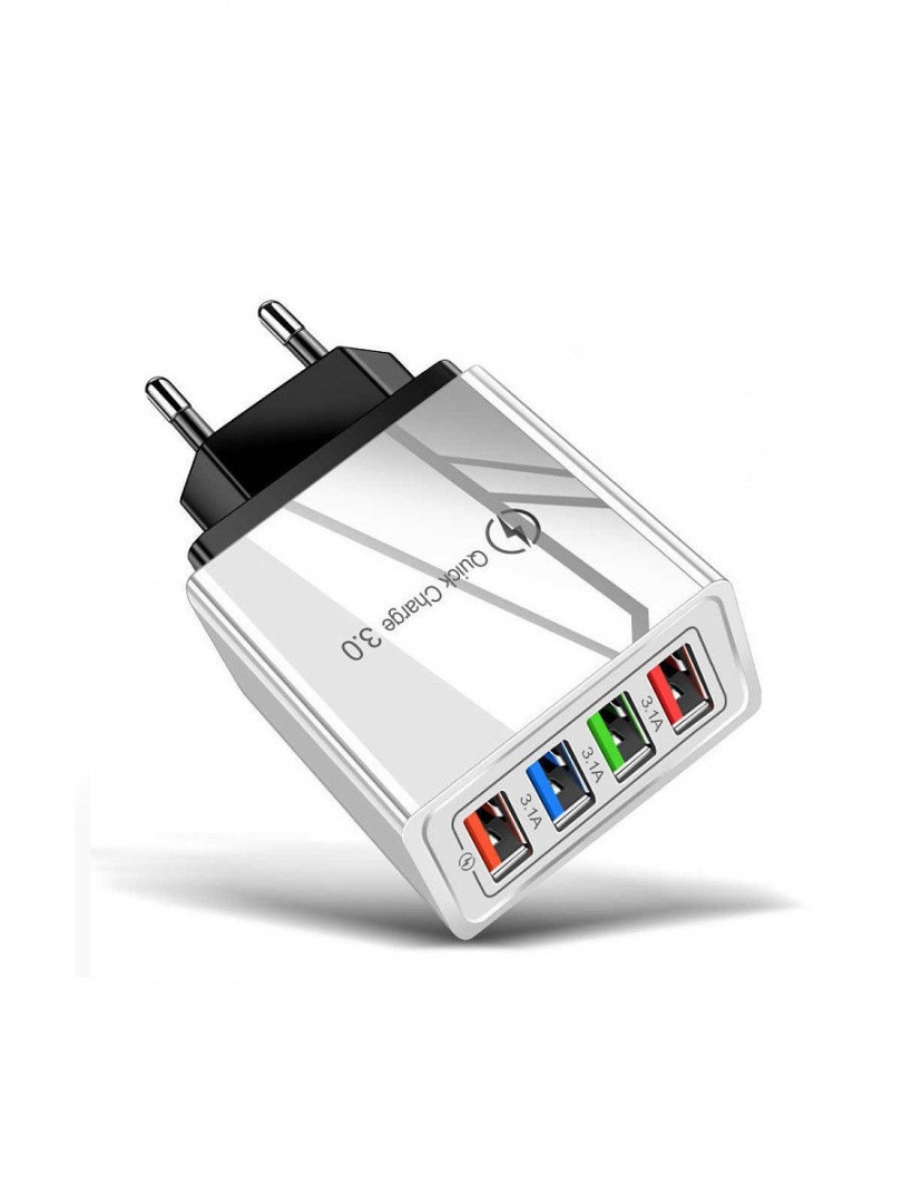 Сетевое зарядное устройство с 4-мя USB - портами (мах 3.5 А), черно-белое
