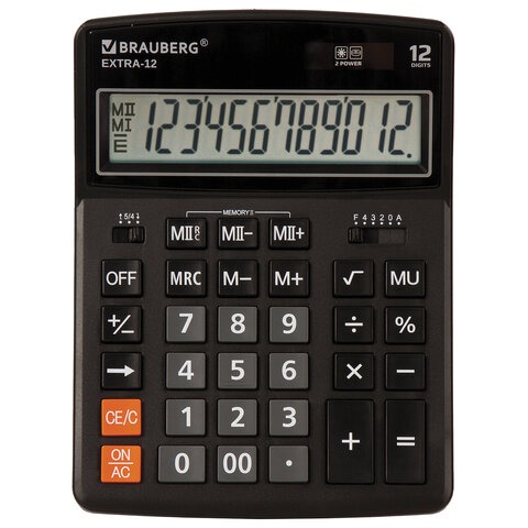 Купить Калькулятор настольный BRAUBERG EXTRA-12- BK (206x155 мм), 12 разрядов, двойное питание, черный, 250481