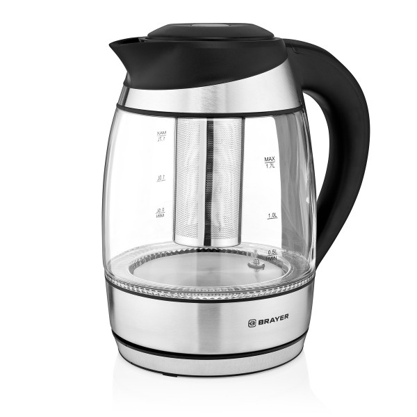 

Чайник электрический Brayer BR1021, 2200 Вт, 1,7 л, стекло, подсветка, чёрный