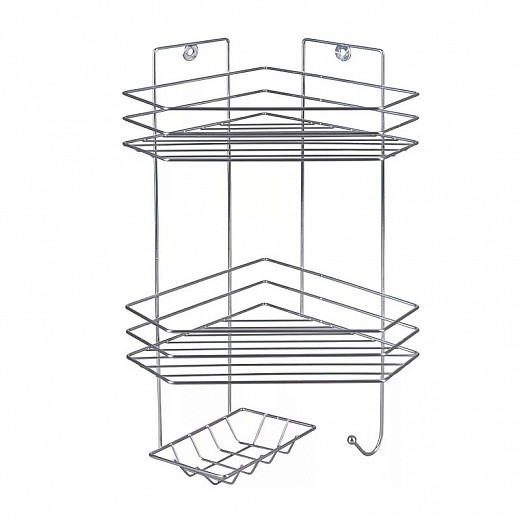 Купить Полка угловая трапецевидная, 2-х ярусная с мыльницей и вешалкой, цвет хром