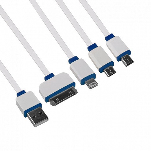 Купить USB кабель «LP» 4 в 1 для подзарядки Apple Lightning/30 pin/MicroUSB/MiniUSB плоский (белый/синий)