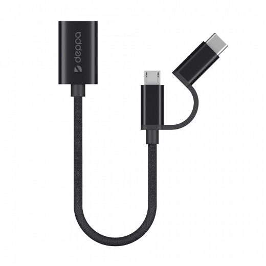 Купить OTG адаптер USB - micro USB + USB-C, алюминий, нейлон, 0.15 м, черный, Deppa