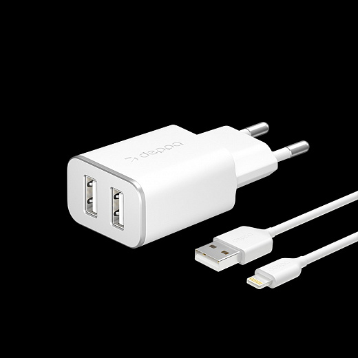 Купить СЗУ 2 USB 2.4А + кабель Lightning, MFI, белый, Deppa