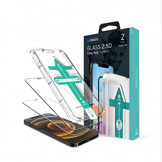 Купить Защитное стекло 2,5D (2 шт) Full Glue Easy App для Apple iPhone 12 mini, 0.3 мм, черная рамка, Deppa