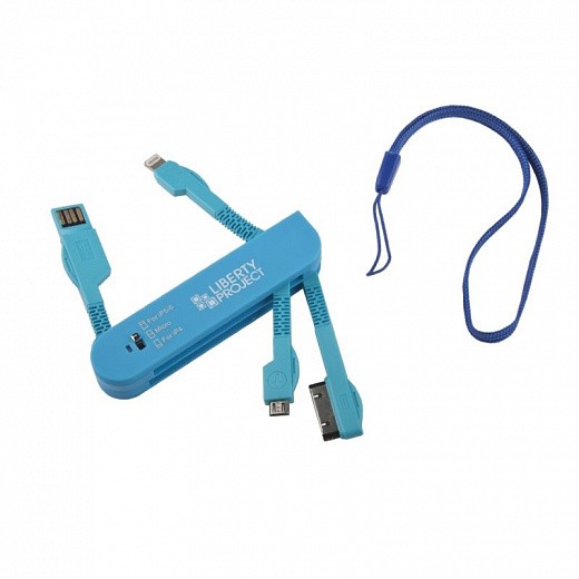 Купить USB кабель «LP» 3 в 1 карманный синий (micro USB/Apple Lightning 8-pin/Apple 30 pin)
